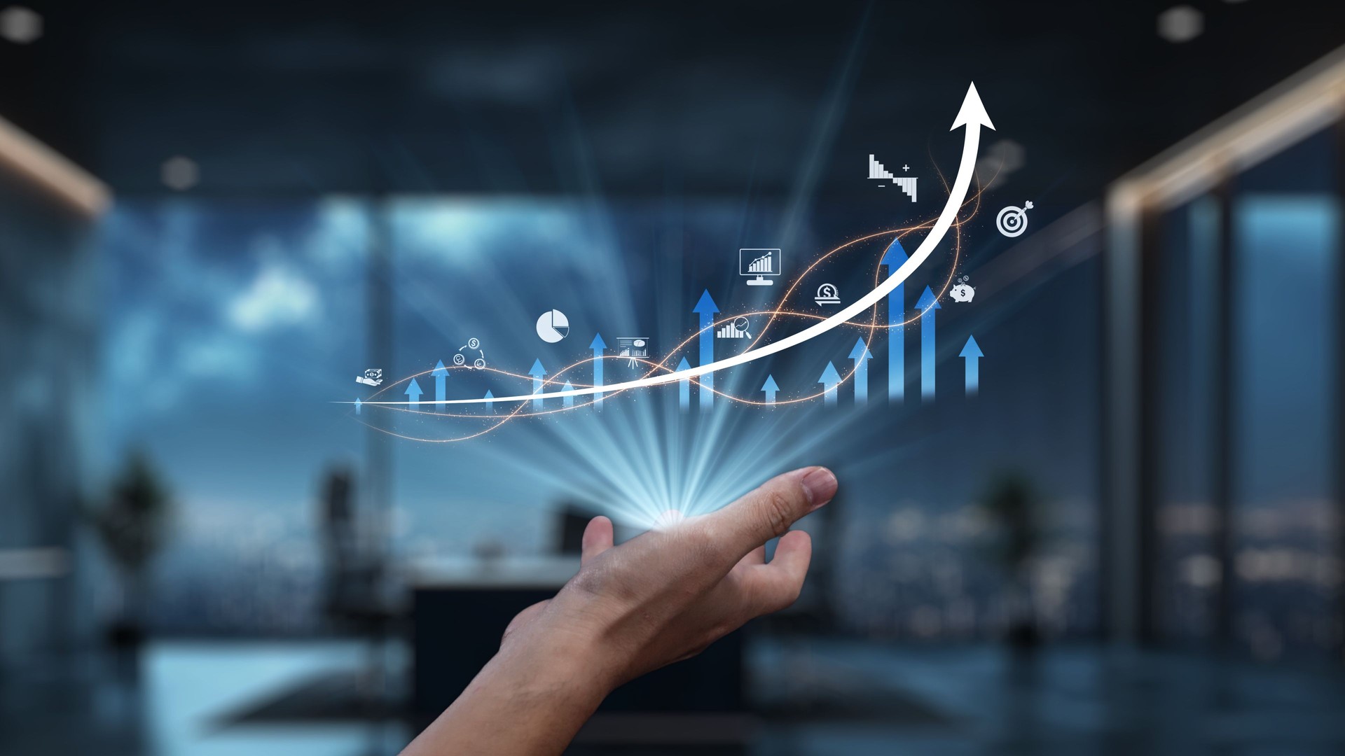 Hand Reaching for Business Growth Graph with Charts and Arrows in Modern Office Environment Representing Innovation and Financial Success. Auvana